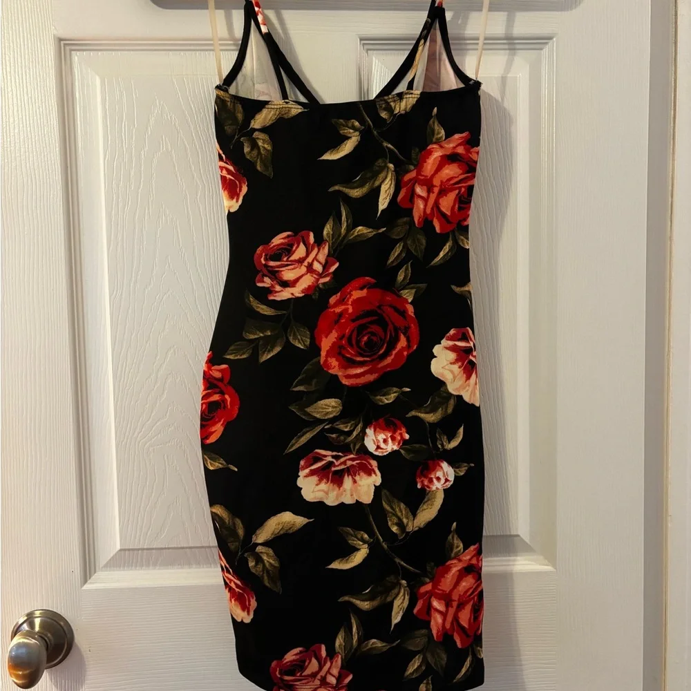 AKIRA Black Mini Dress with Red Floral Print - Picture 3 of 3